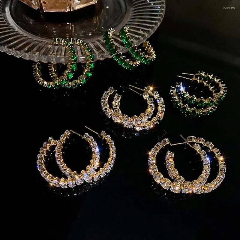 Hoop Earrings Gold Color Green Diamond Oval 925 Silver Needle Rhinestone Ear Studs Korean Style Women