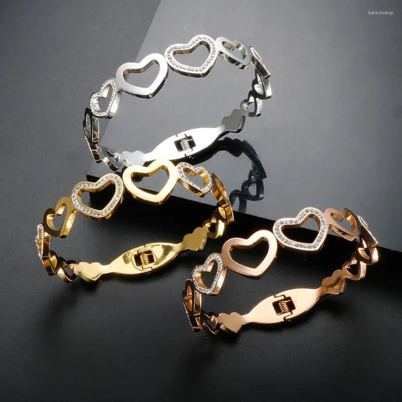 Bangle Fashion Stainless Steel Bracelet For Women Couple Crystal Hollow Out Love Heart Shape Gold Color Luxury Jewelry