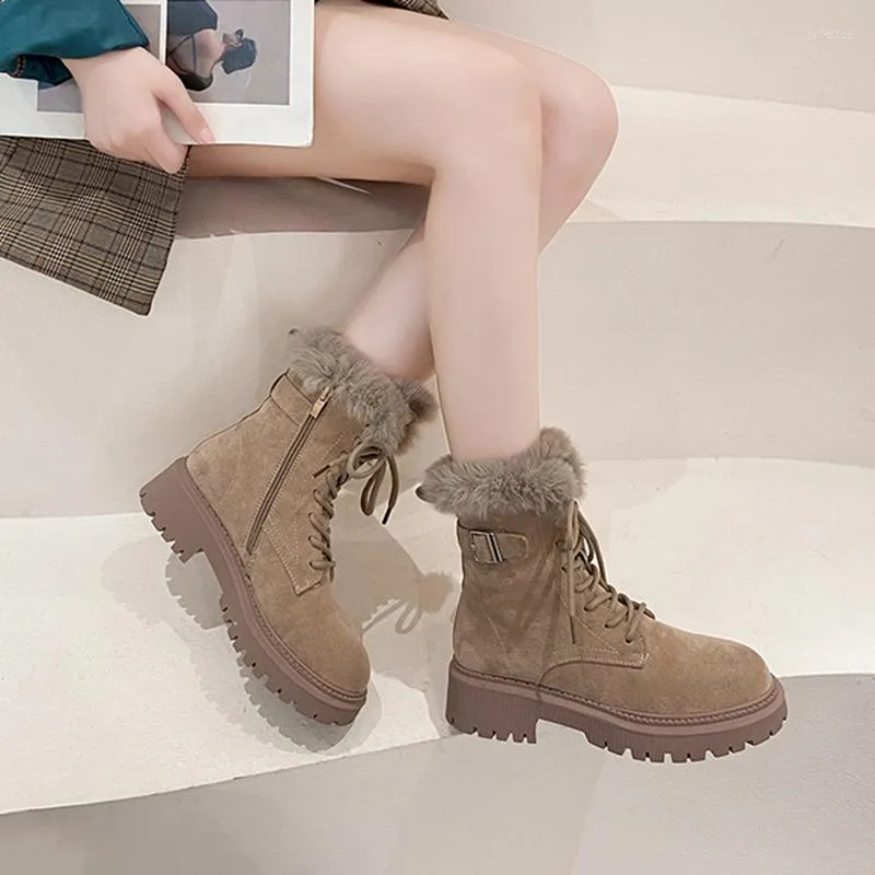 Boots Women Snow Fashion Lace Up Platform Shoes Ladies Round Toe Zipper Style Ankle 2022 Winter Plush Warm Botas Mujer