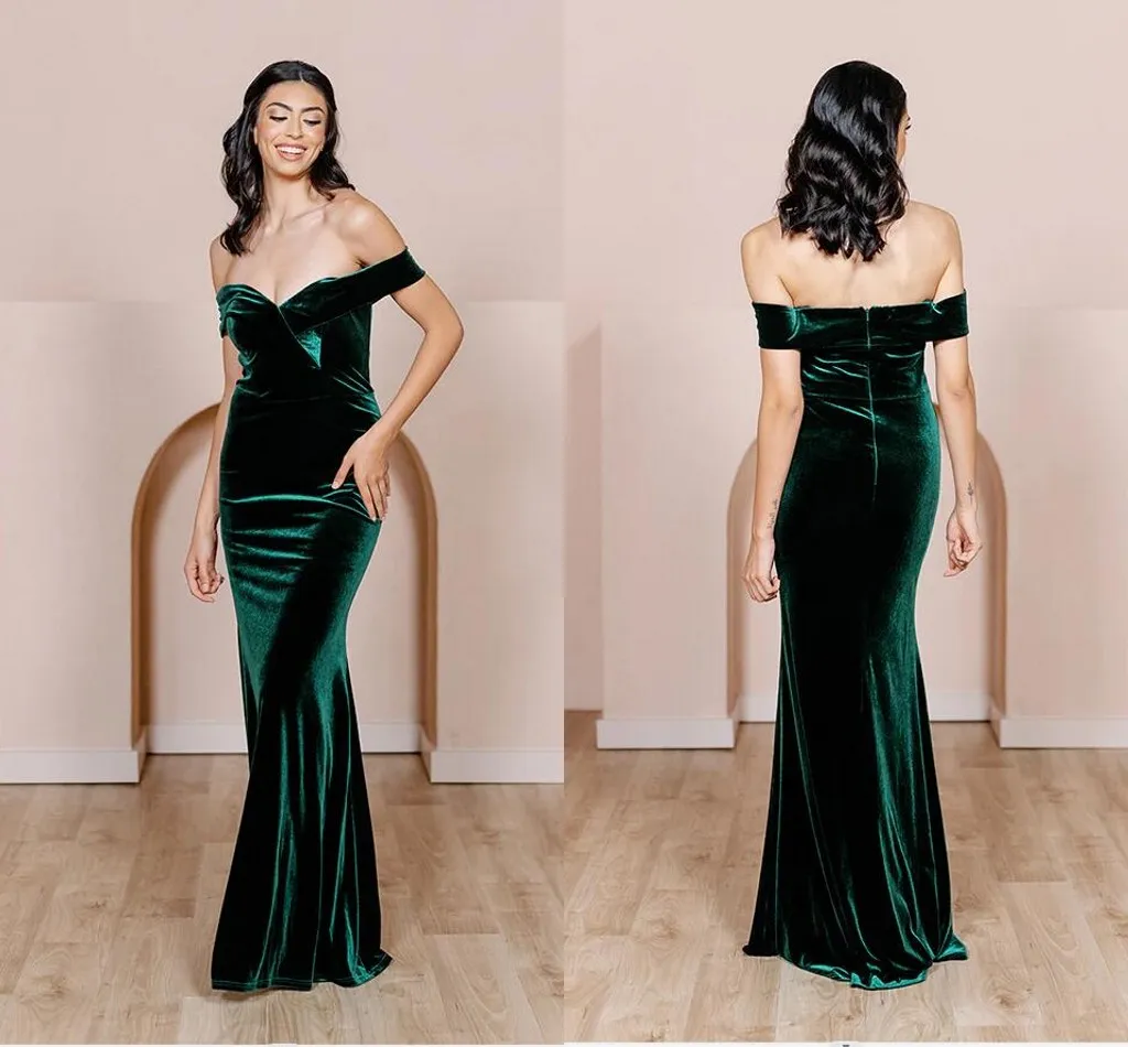 Hunter Green Mermaid Bridesmaid Dresses Plus Size Off Shoulder Gleats Velvet Floor Length Maid of Honor Gowns Wedding Gäst Formell klänning Custom Made Made