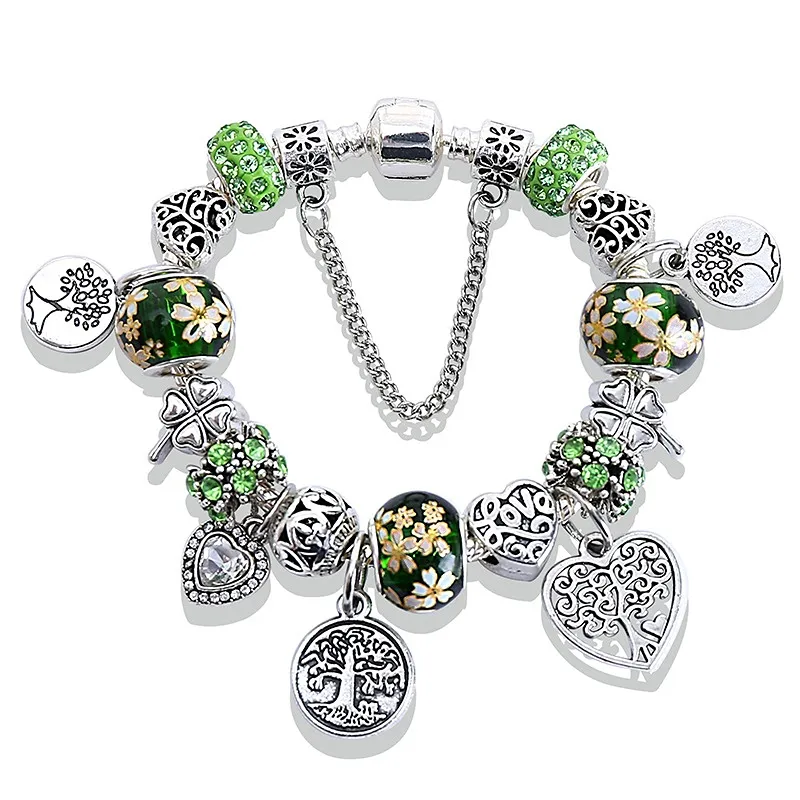 Bracelets à breloques Arbre de Vie Coeur en Argent Antique Perlé Cristal Vert Foncé avec Bracelet à Grand Trou