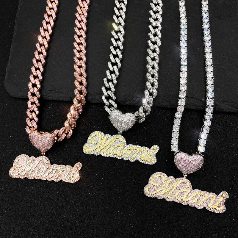 Nuovi uomini alla moda donne gioielli cuore giallo bianco placcato oro CZ lettere corsive nome personalizzato collana con pendente con catena a corda da 3 mm da 24 pollici