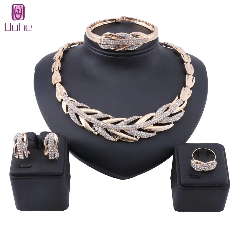 Fashion Dubai Gold Color Crystal Wedding Necklace Bangle Ring Earring Women Italian Bridal Party Accessories Jewelry Set