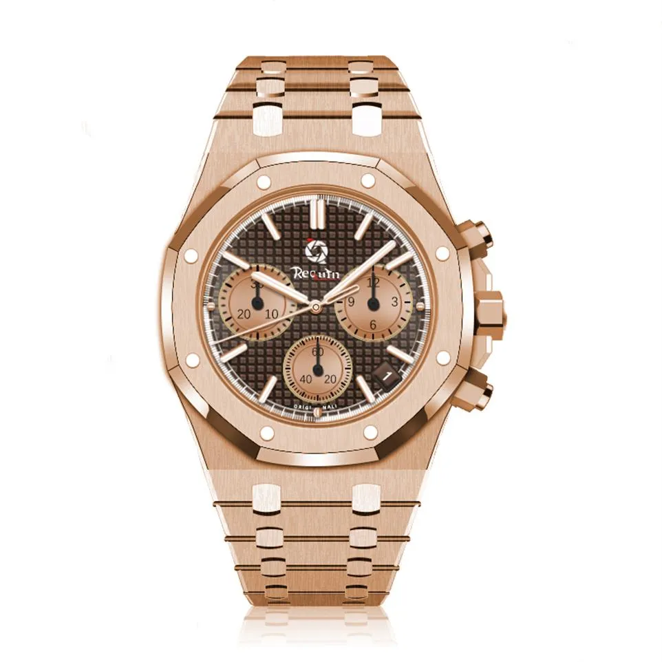 Men's Automatic Mechanical Watch REQUIN OO15202 Gold Stainless Steel Case Royal Brown Six Hands Multifunction Calendar Dial F241k