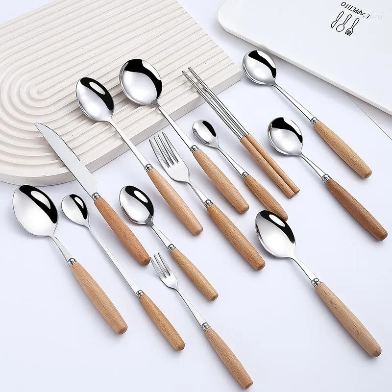 Dinnerware Sets Stainless Steel Cutlery Glossy Silver Wooden Dessert Ice Spoon Knife Fork Dining Table Set Japanese Tableware