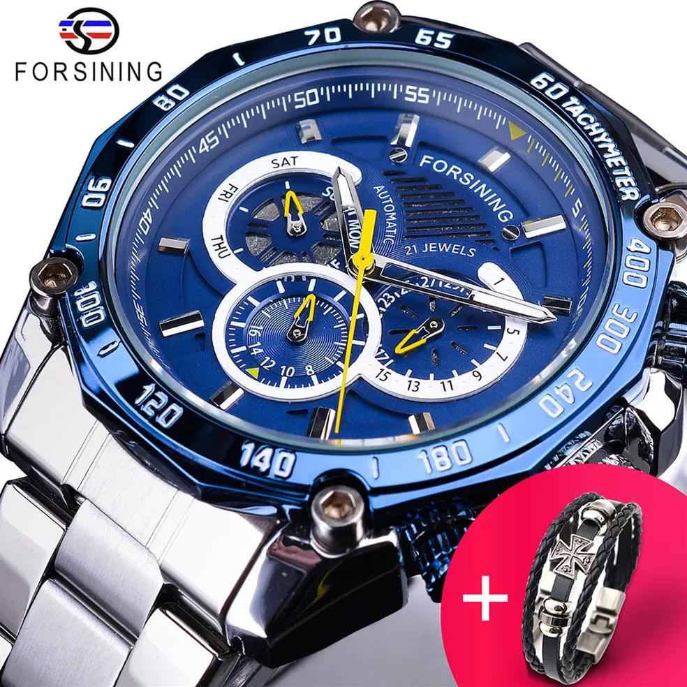 FORSINININGEN WATCH BRACKETSET Combinatie Blauwe kalender 3 wijzerplaten zilveren roestvrij staal automatische mechanische horloges heren CL188G