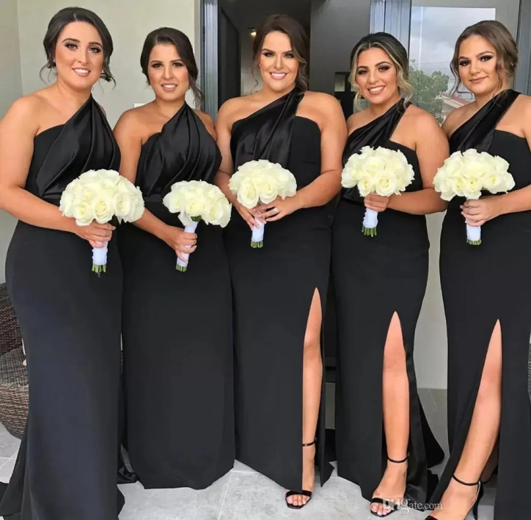 Black One Shoulder Bridesmaid Dresses Side Split Spring Summer Countryside Garden Formal Wedding Party Guest Gowns Plus Size Custo3774834