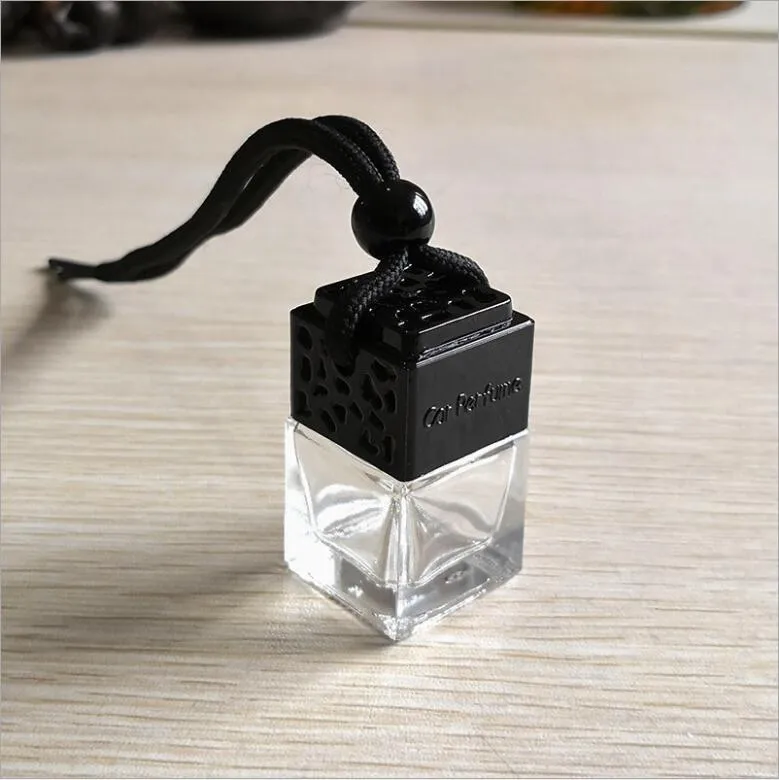 Cube Hollow Car Perfume Bottle Rearview Ornament Hanging Air Freshener For Essential Oils Diffuser Fragrance Empty Glass Bottle Pendant