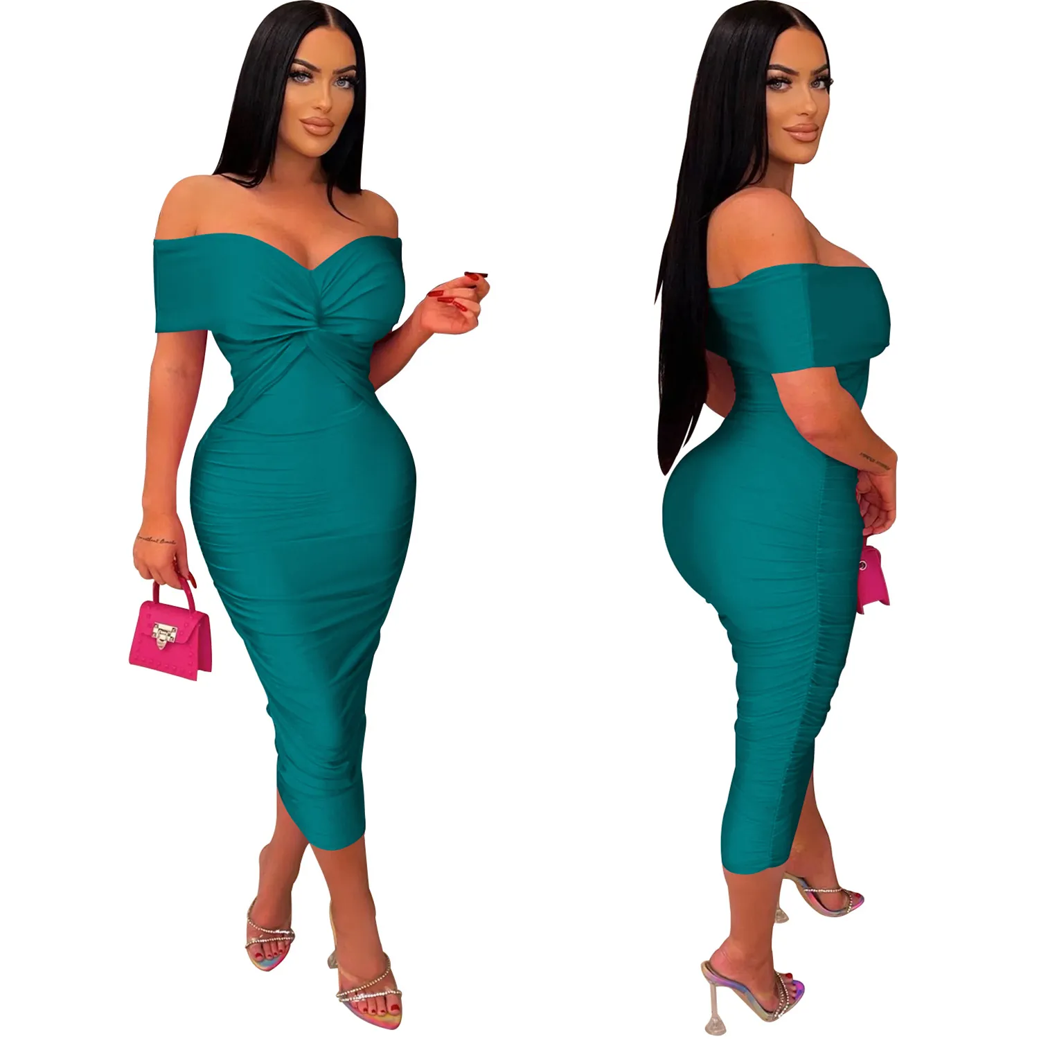 Off the shoulder wrap midi bodycon dress hotsell