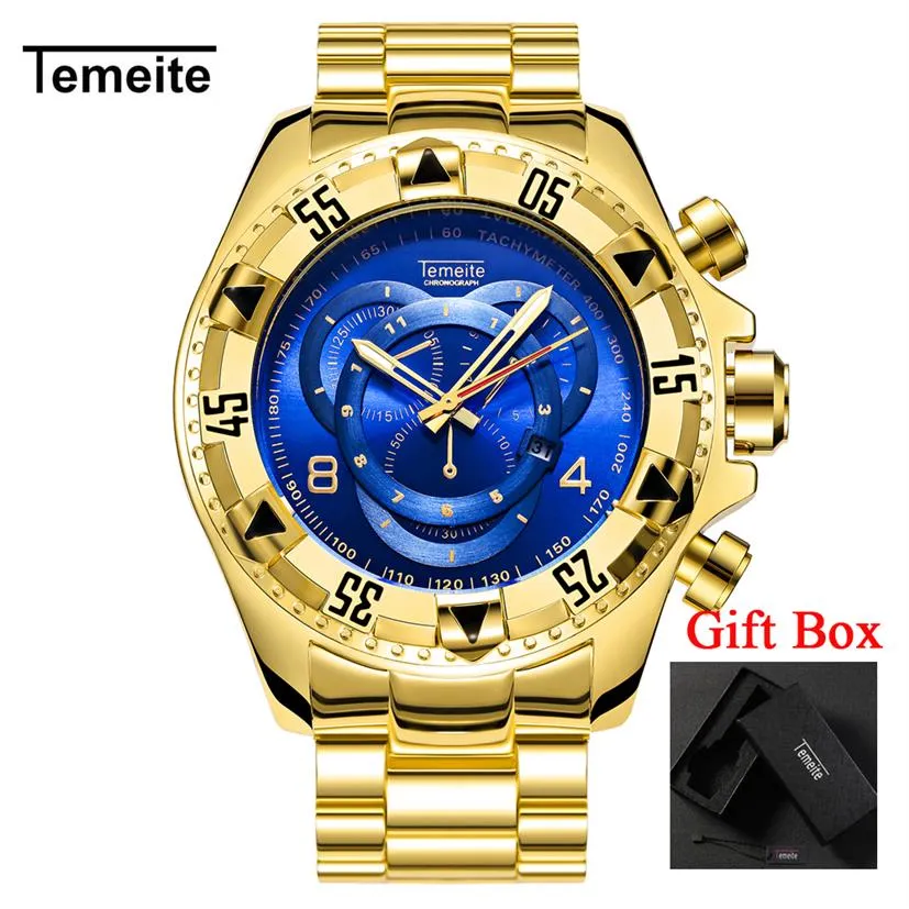 Relogio temeite 2018 Nieuwe kwarts horloges heren mode creatief zware waterdichte polshorloge luxe goudblauw vol staal masculino222b