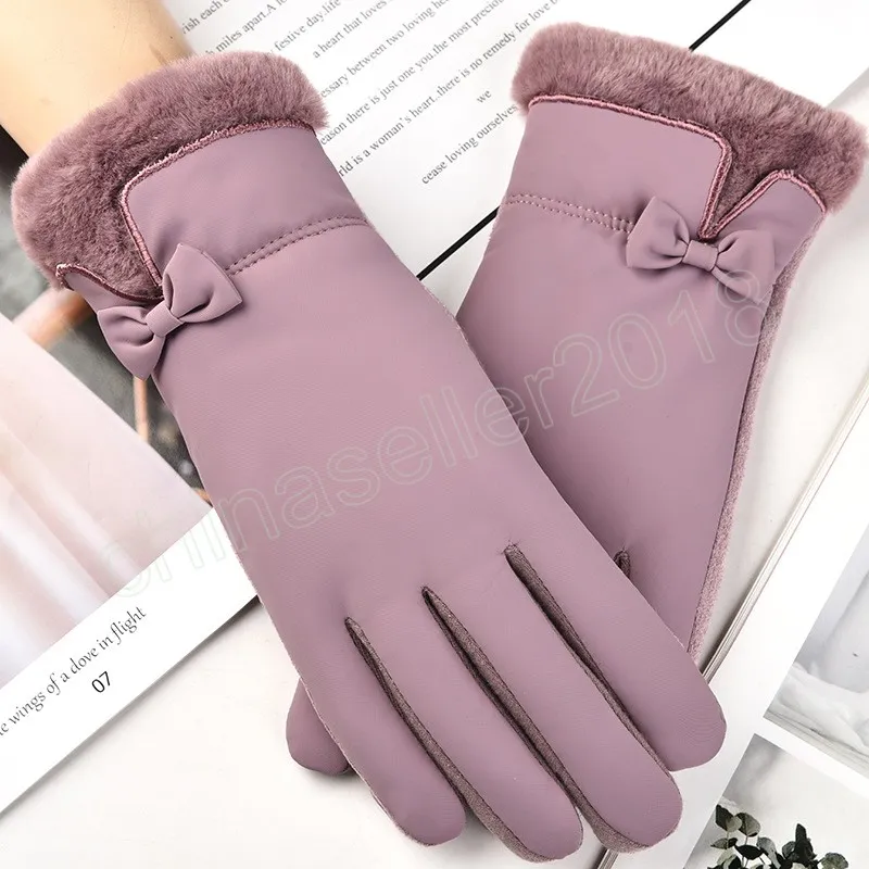 Fashion Lady Gloves Women Winter Vintage Cycling Thick Warm Windproof Bow-Knot Full Finger Ladies Touch Screen Glove Mittens