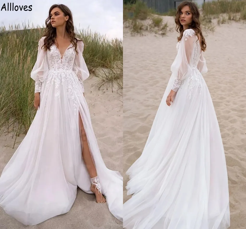 Puff lange mouwen een lijn trouwjurken romantische kant appliqued tule side spleet bruidsjurken boho tuin sprookstijl bruid tweede receptie gewaden de mariee CL1604