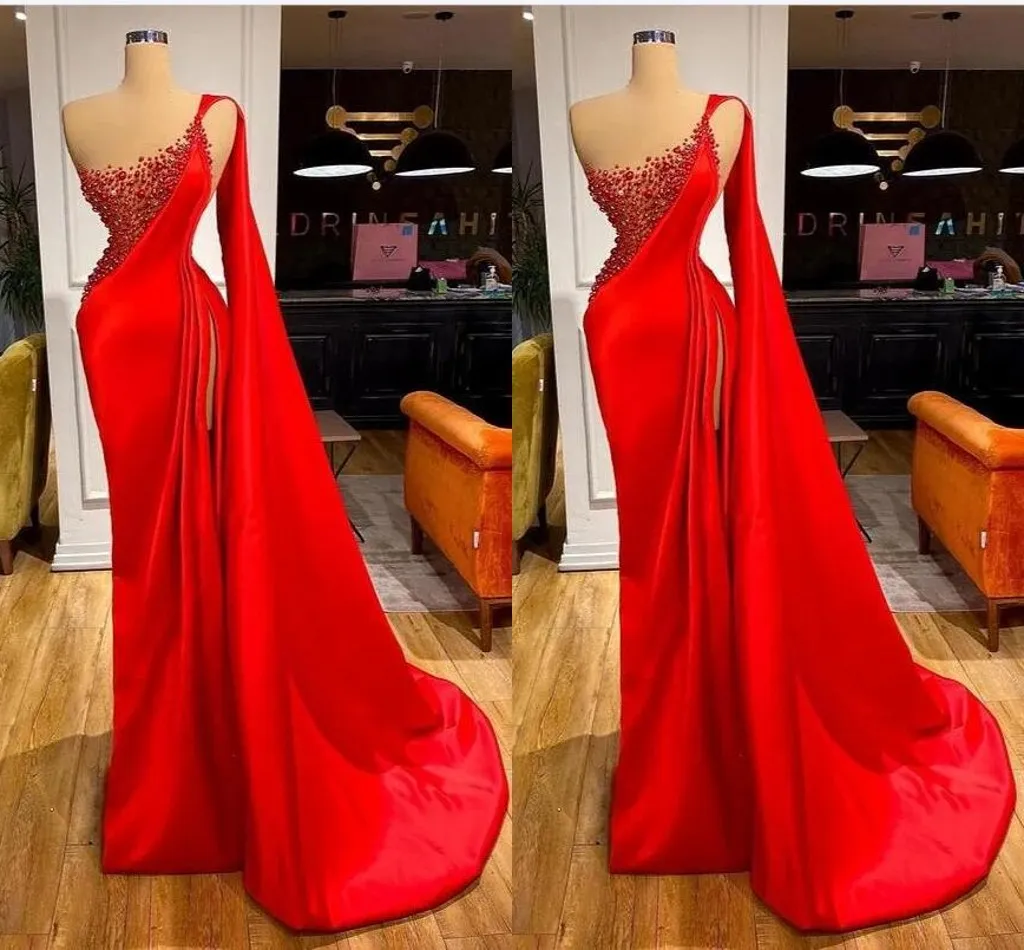 Red Plus Size Mermaid Evening Dresses Backless One Shoulder Beaded Side Split Pleats Floor Length Formal Prom Party Celebrity Birthday Gowns Custom