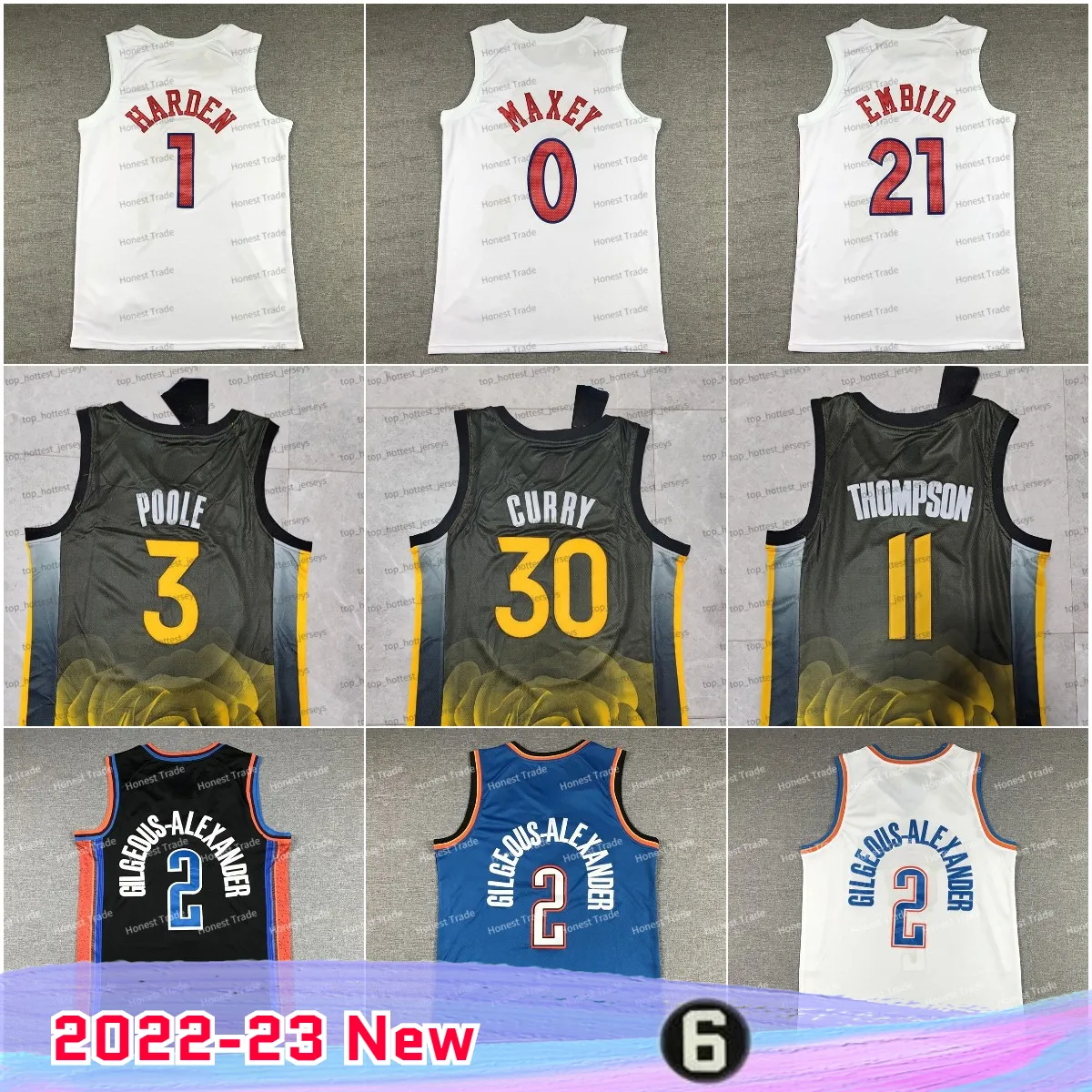 2022 23 Yeni Curry Basketbol Forması Poole 11 Klay Thompson Joel 21 James Harden Tyrese Maxey 2 Shai Gilgeous-Alexander Dikişli Yeşil Erkekler Basketbol Dikişli Beyaz