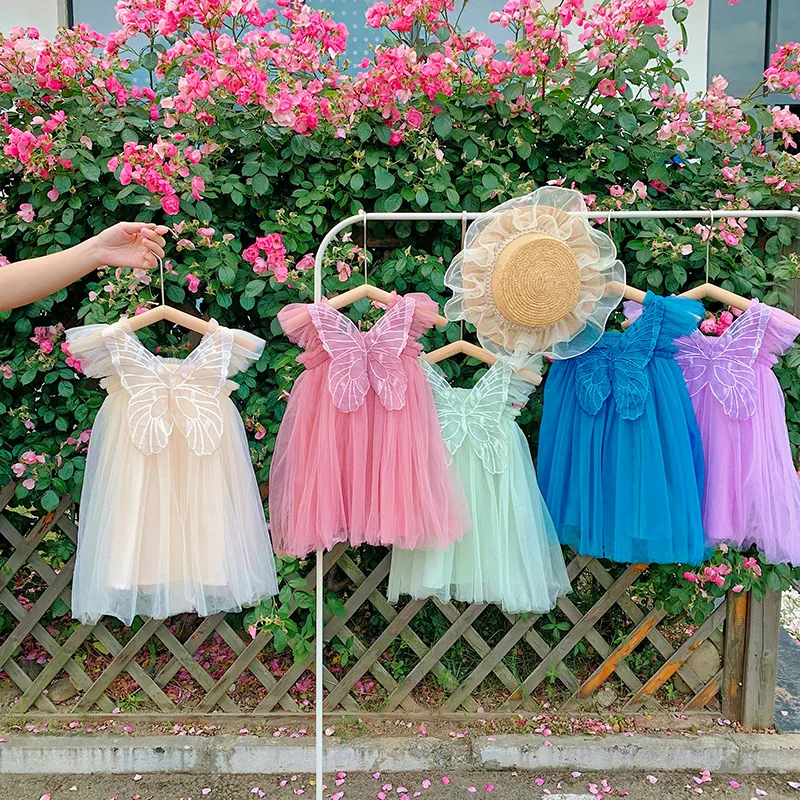 Ins Nieuwe meisjes Kleding jurken Lolita Terug Vlinder Ontwerp Mouwloze Mesh Prinses Jurk Zomer meisje Kleding Jurk