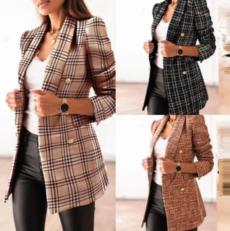 Trajes de mujer, chaqueta a cuadros para mujer, chaquetas de Tweed Vintage de primavera y otoño para mujer, chaquetas ajustadas elegantes de oficina con doble botonadura