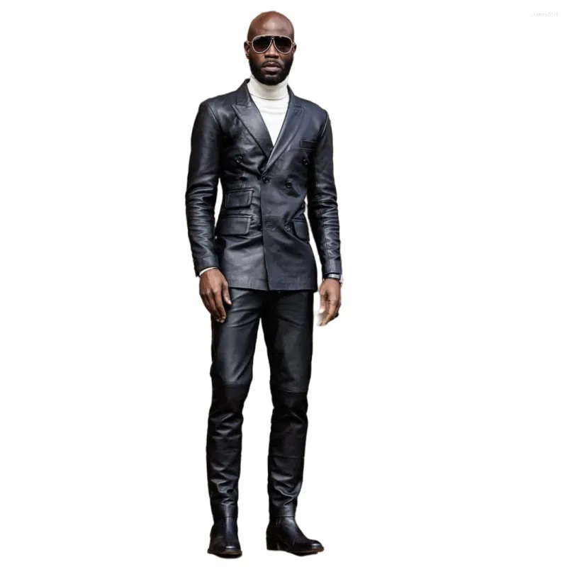 Costumes pour hommes hommes veste en cuir épais manteau vêtements d'extérieur d'hiver décontracté motard en cuir/Blazer à double boutonnage avec pantalon 2 pièces ensemble