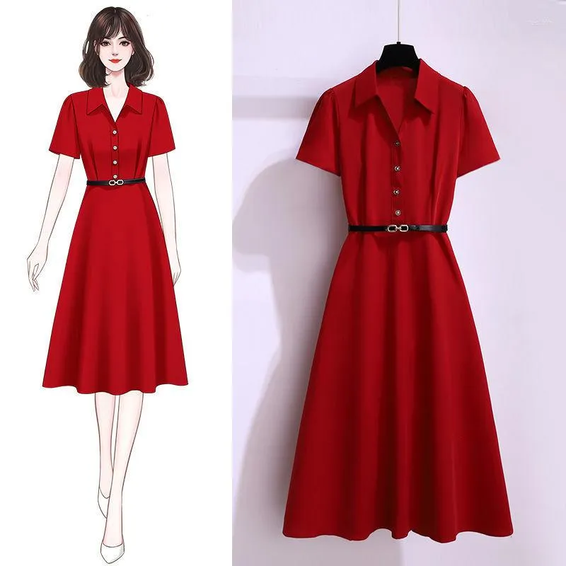 Casual Dresses Red Shirt Dress Women's 2022 Summer Korean Version Fashion Elegant Temperament Large Size Chiffon With Belt