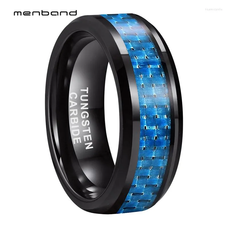 Wedding Rings 6mm 8mm Black Tungsten Carbide For Men Women Band Blue Carbon Fiber Inlay Fashion Jewelry Beveled Comfort Fit