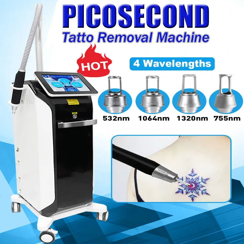 Machine de retrait de tatouage picoseconde Laser Nd Yag Q commuté 4 longueurs d'onde Cicatrices de rajeunissement de la peau Tache de rousseur des yeux Marque de naissance Supprimer l'utilisation en salon Pico Second Equipment