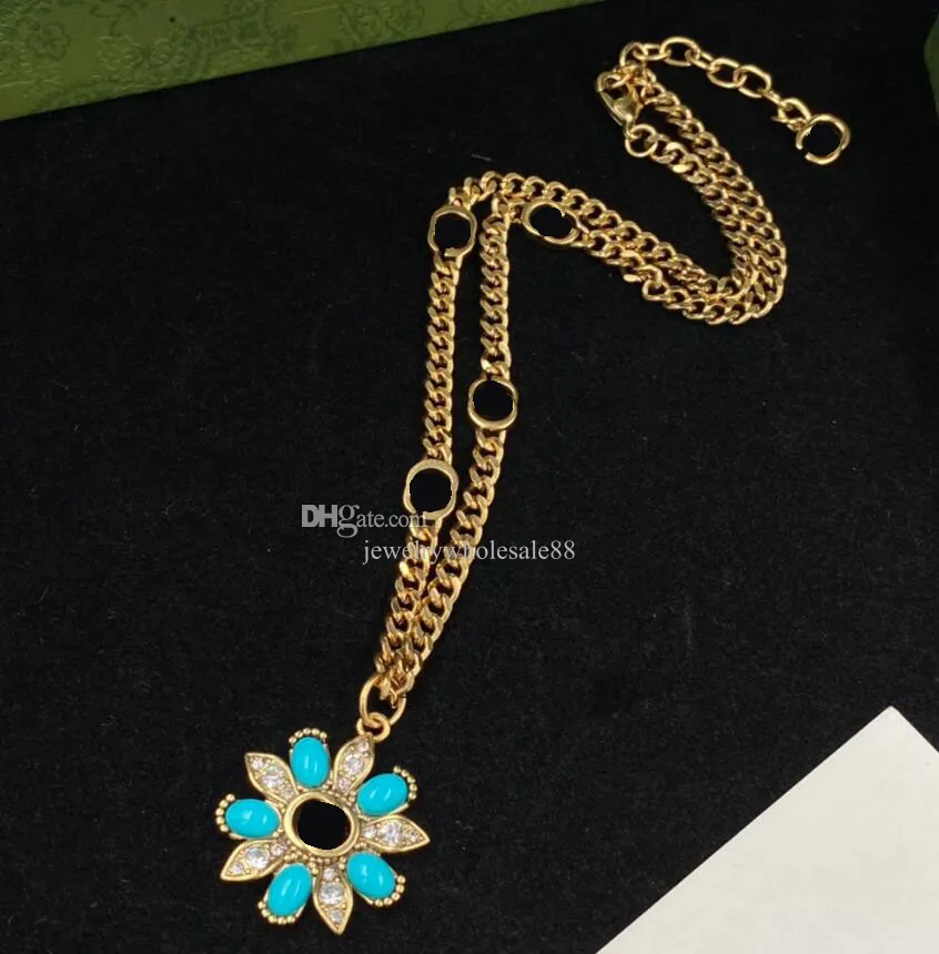 Fashion Designer Crystal Flower Pendant Necklace Double Letter Necklace Gold Chain Collares Women Ladies Wedding Party Jewelry