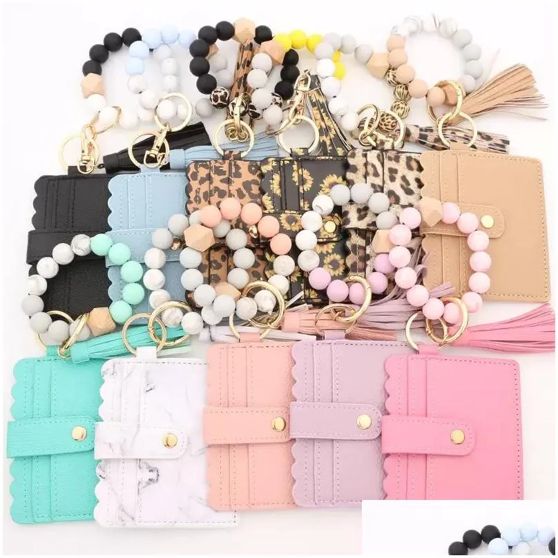 pu leather bracelet wallet keychain party favor tassels bangle key ring holder card bag silicone beaded wristlet keychains handbag women