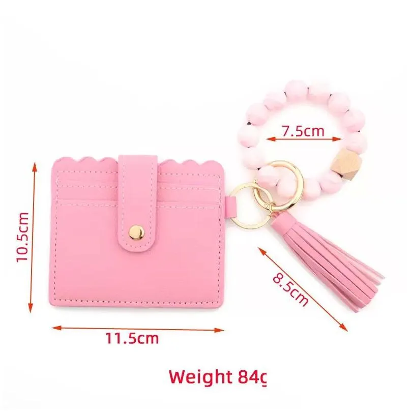 pu leather bracelet wallet keychain party favor tassels bangle key ring holder card bag silicone beaded wristlet keychains handbag women