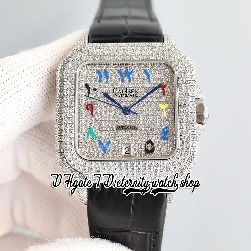 TWF TW0039 M8215 Automatyczna męska zegarek 40 mm mrożony Diamentowy ramka Piegowana diamenty Tarbbow Markery arabskie czarny skórzany pasek 2022 Super Edition Eternity Watches