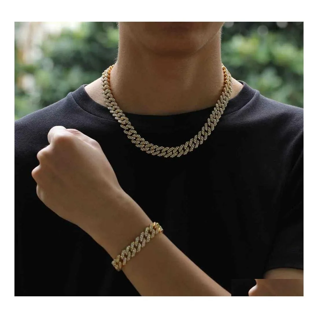 Pulseira de colar de pulseira 12mm Miami Chain Bracelets de cadeia de ligação para homens Bling Hip Hop Iced Out Diamond Gold Gold Sier Rapper Chai Dhh93