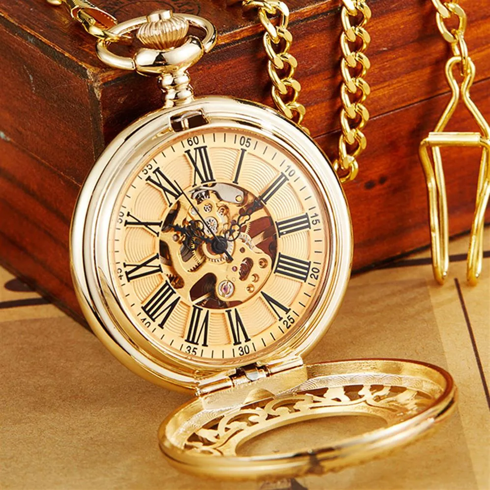Relógio de bolso mecânico de ouro antigo com cadeia steampunk esqueleto oco de enrolar as mãos do relógio masculino homem de bronze de ouro do presente235n