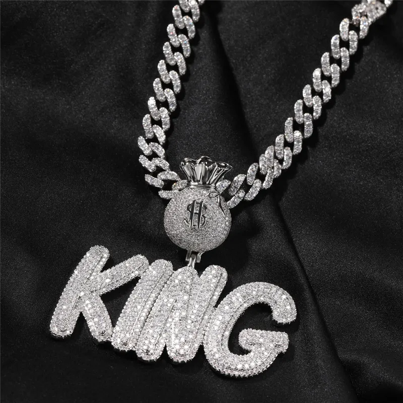 Placcato oro Bling CZ Iced Out Nome personalizzato Lettere Ciondolo Nacklace con catena di corda da 3 mm da 24 pollici per uomo Gioielli hip-hop fai-da-te