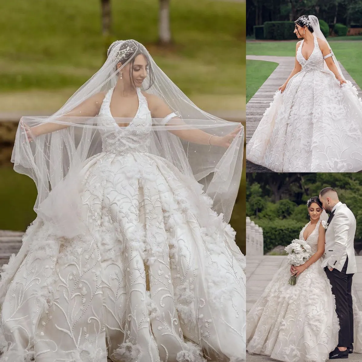 Halter Beading Elegant Wedding Dresses Ball Gown Sleeveless Floor Length Applique Custom Made Plus Size Bridal Gowns s