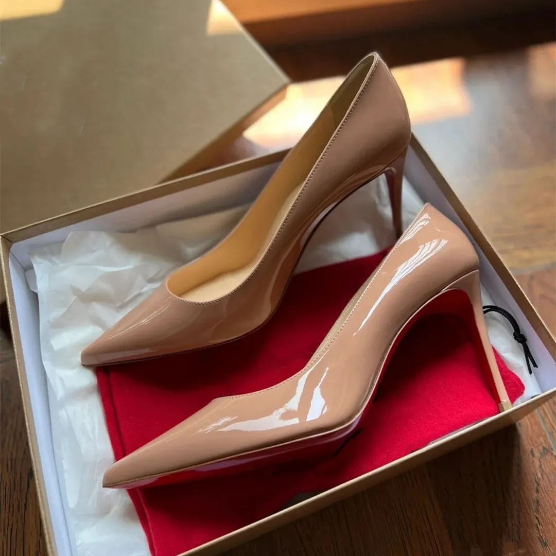 クラシックブランドハイヒールシューズレディースポンプ赤い光沢のあるボトム8cm 10cm 12cm薄いかかとは、箱とダストバッグ34-44で結婚式の靴を尖らせます