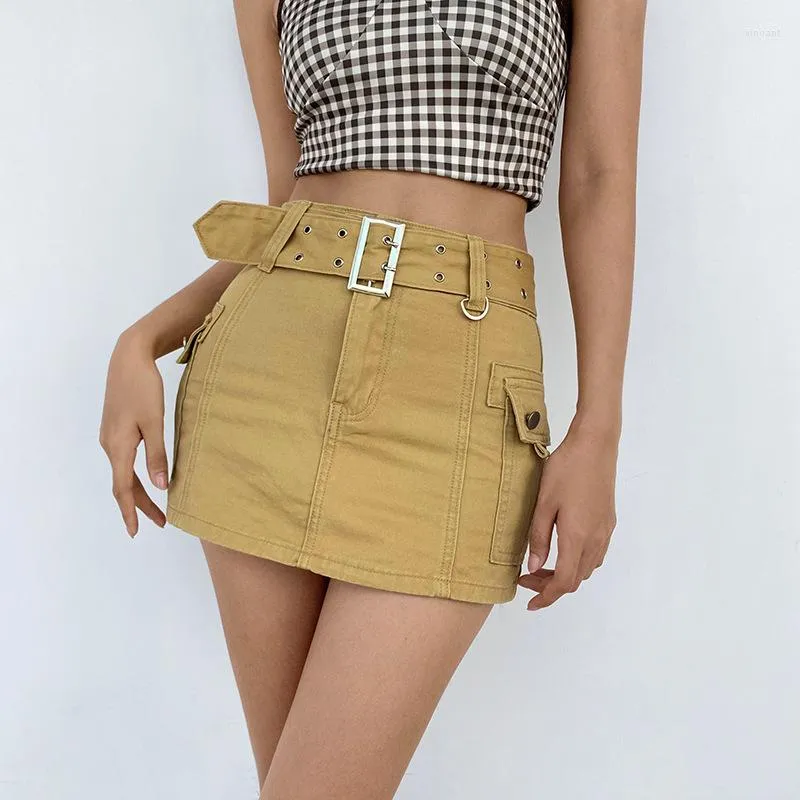 Röcke Khaki Schwere Industrie Gürtel Rock Straße Frauen Kopf Stil Y2K Hohe Taille Hüfte Frühling Sommer Sexy Mädchen Casual