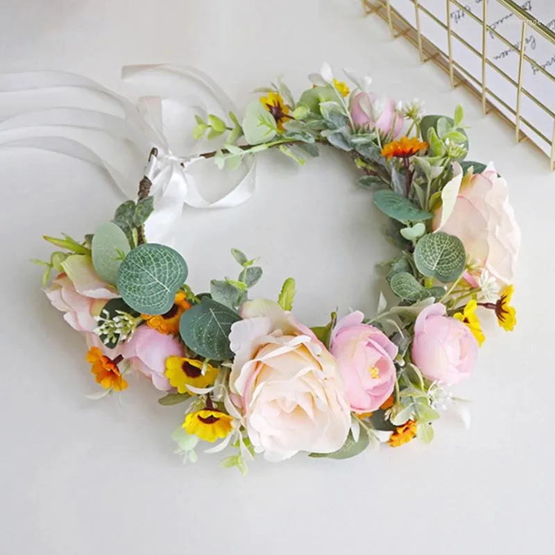 Headpieces Rose Flower Wreath Crown Festival Headband Women Hair Accessories Headdress Girl Garland Wedding Bride Poshoot Headwear