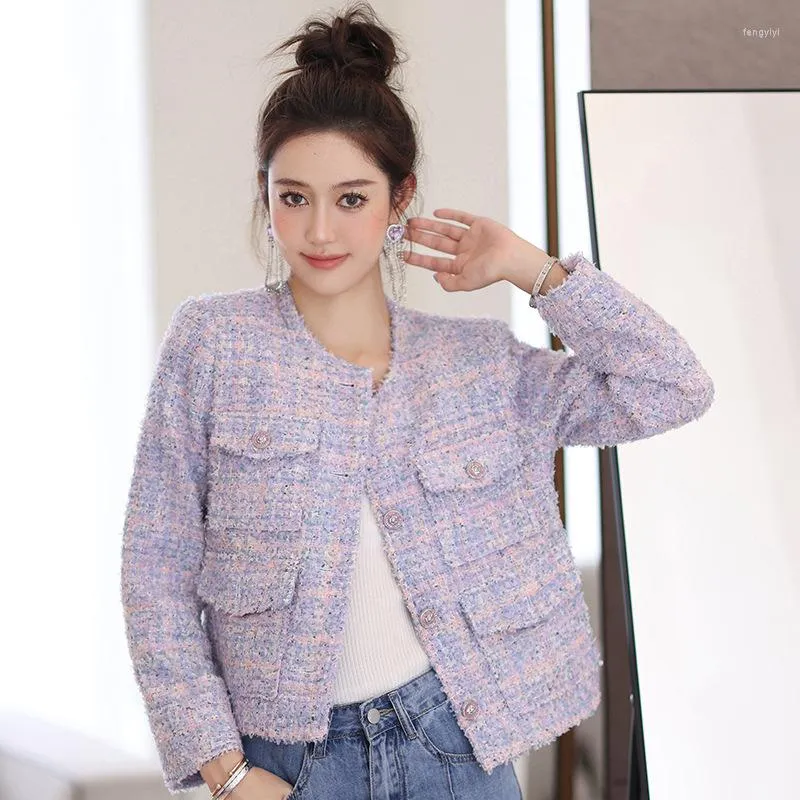 Jackets femininos Tweed roxo para mulheres 2022 Autumn Winter Inverno elegante de-pescoço O Single Basted Coat Coat Femme Korean Fashion Streetwear