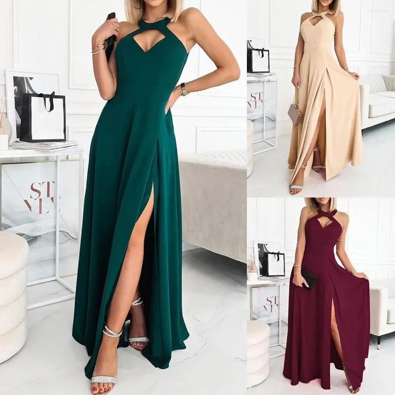 Casual Dresses Sexig Women Halter Party Evening Dress Solid Högkvalitativ damer ärmlös Maxi Elegant Slit Pullover