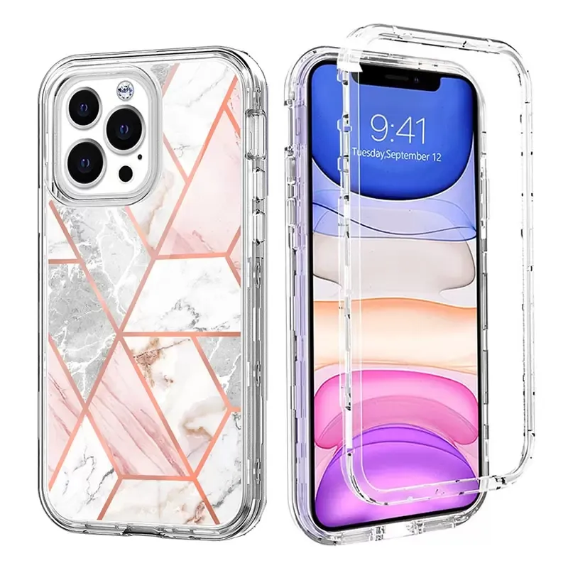 Luxury 3in1 Marble Cases For Iphone 11 12 13 14 Pro Max Three Layer Heavy Duty Protection Transparent Clear Cover For Samsung S22 Ultra S21 FE Note 20