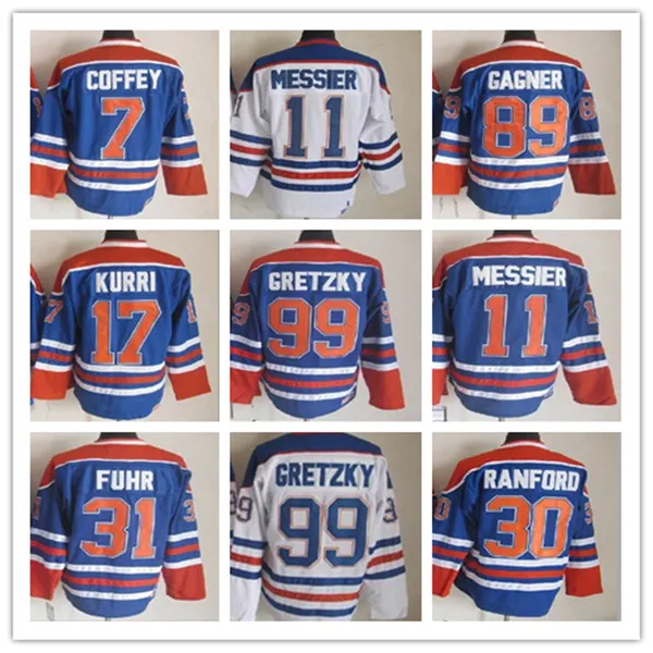 Wayne Gretzky Edmonton Vintage Hokey Formaları 11 Mark Messier 30 Bill Ranford 7 Paul Coffey 89 Sam Gagner 17 Jari Kurri 31 Grant Fuhr Dikişli CCM Retro Üniformalar Erkekler