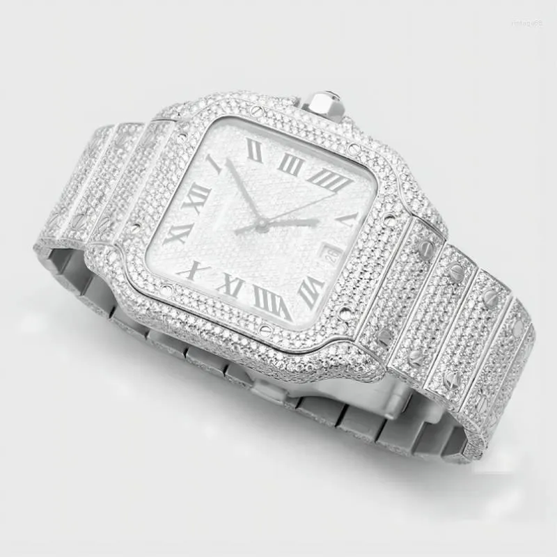 Relógios de pulso Luxo Moissanite Iced Out Relógios Hip Hop Bust Down Unisex Diamante Relógio Aço Inoxidável Studded Wrist297D