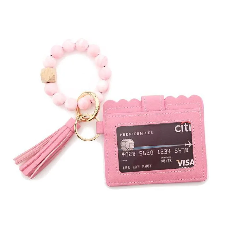 pu leather bracelet wallet keychain party favor tassels bangle key ring holder card bag silicone beaded wristlet keychains handbag women