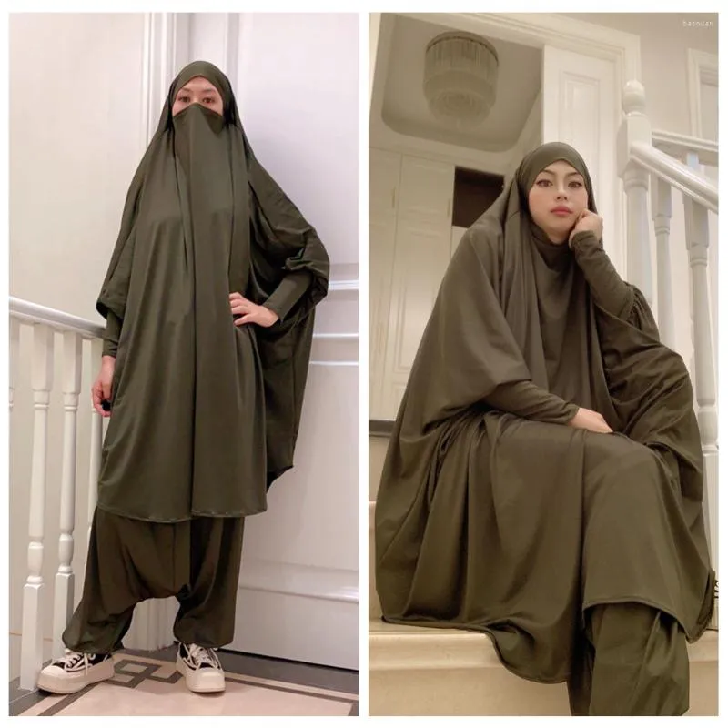 Ethnic Clothing Hooded Muslim Women Hijab Dress Prayer Garment Jilbab Abaya Long Khimar Full Cover Ramadan Abayas 2pcs Set Islamic Clothes