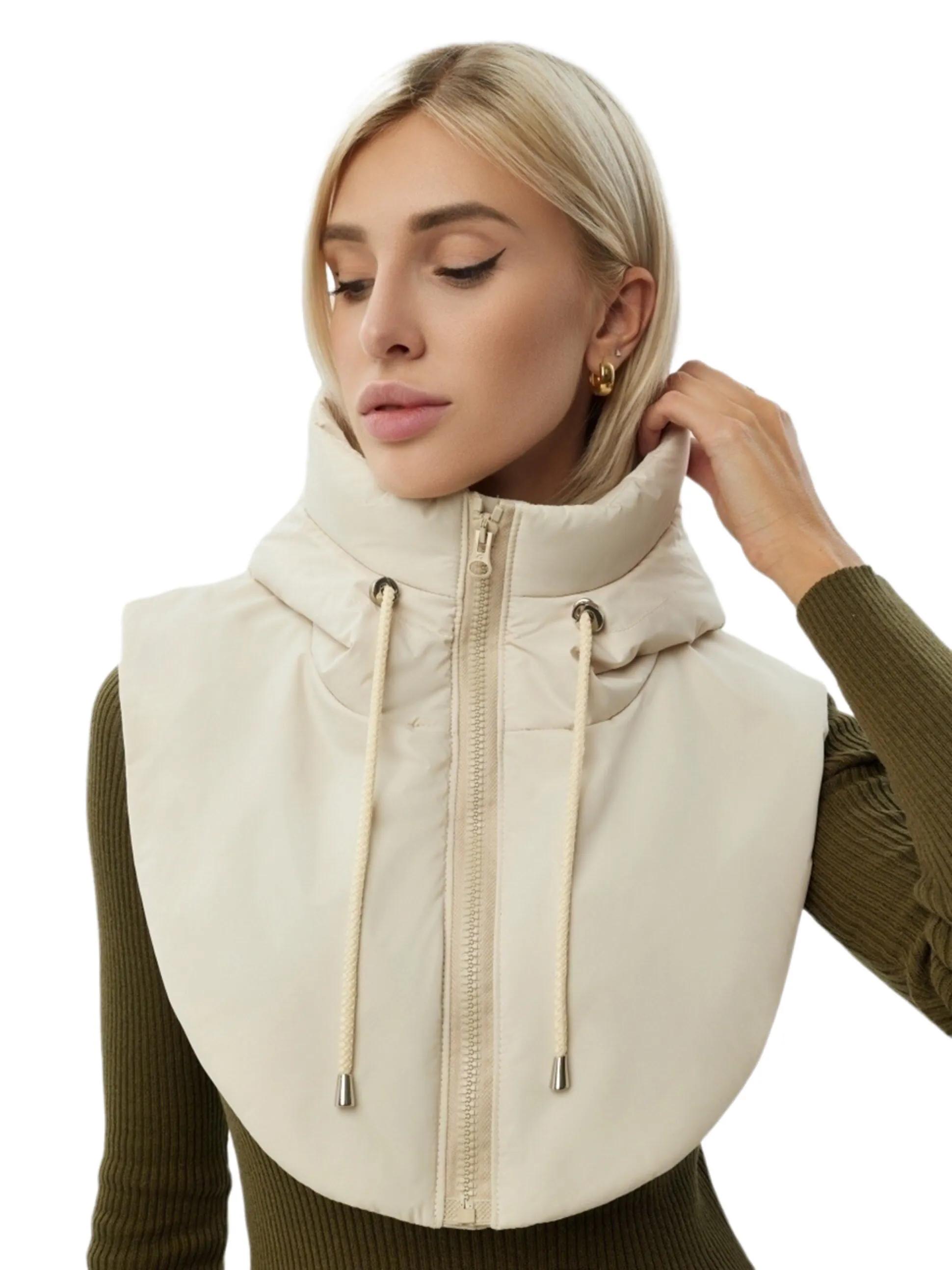 Vinterkvinnor beskurna pufferv￤star med huva ￤rml￶sa zip upp hoodie vadderad puffy puffer puffer kort v￤st