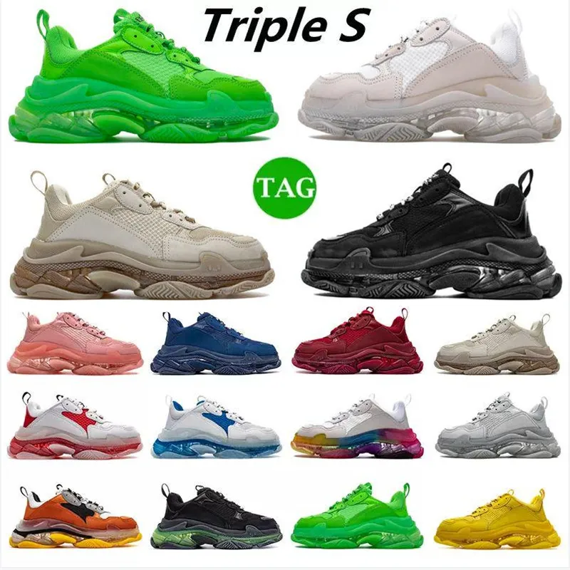 Mens Women Casual Shoes 17FW Pairs Triple S Clear Sole old Dad large increasing sneakers Black Pink Red neon green crystal sneakers sports size 36-45 zx