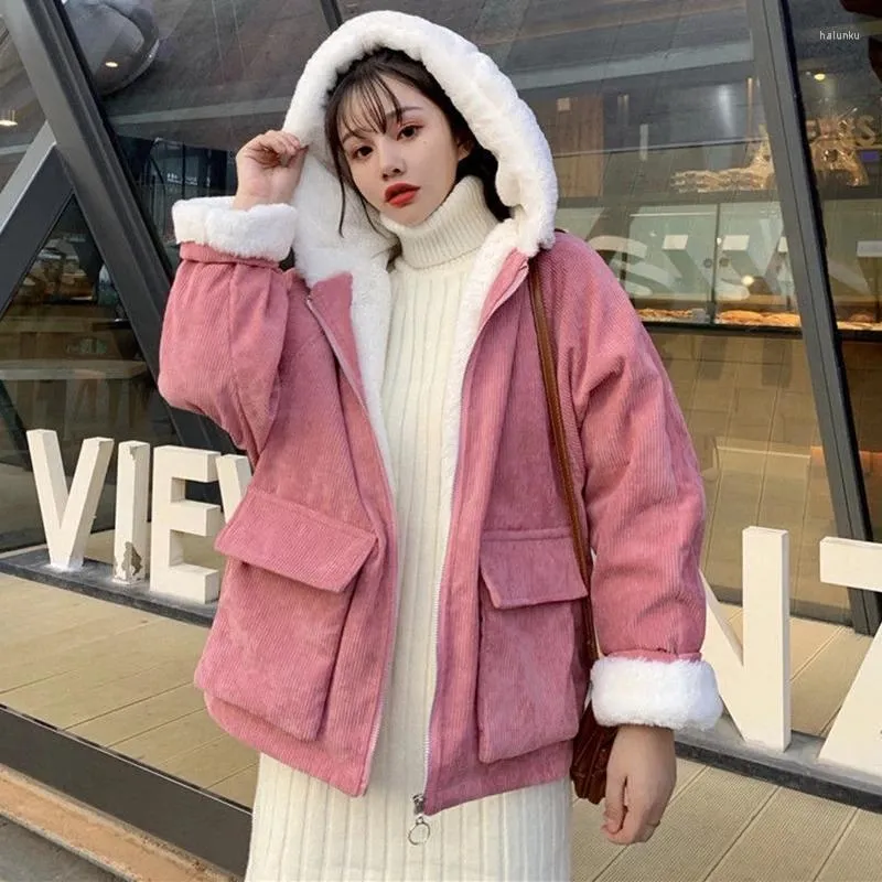 Women's Down 2022 Pink Corduroy Plush Coat Women Autumn Winter Thicken Warm Hooded Jackets Woman Pockets Basic Loose Parkas Femme