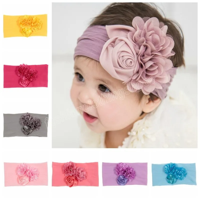 Elastische roosbloem babymeisjes hoofdband satijnen stof bloem knoop nylon kinderen hoofdwraps haaraccessoires foto rekwisieten