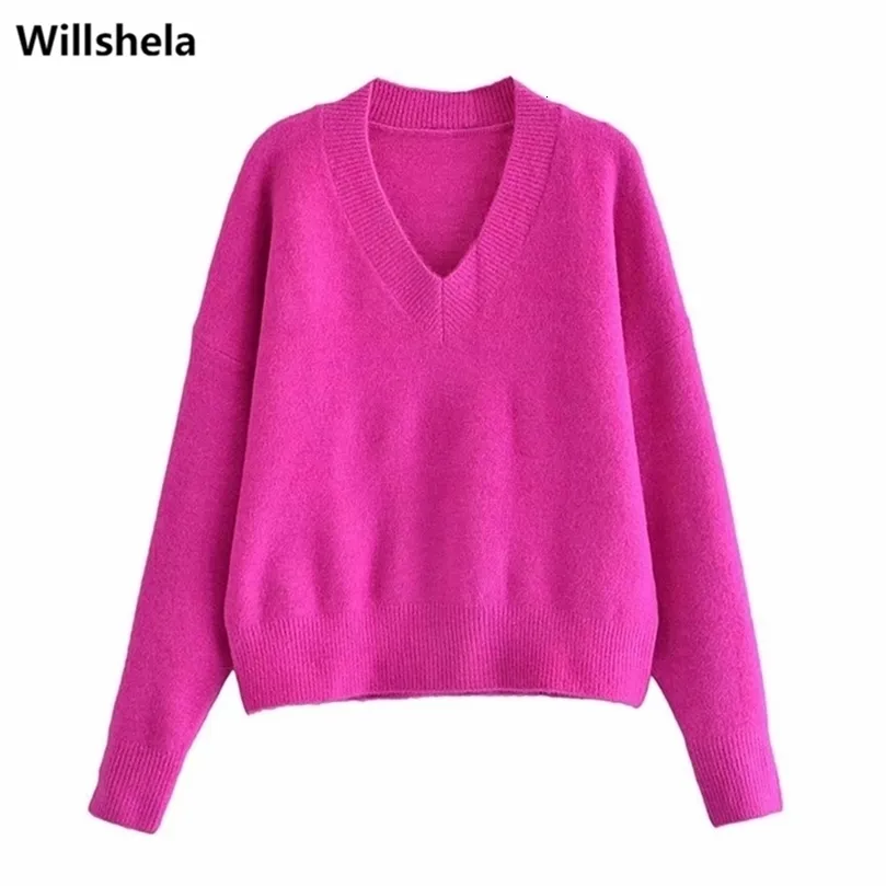 Willshela femmes mode tricot pull haut manches longues col en v doux tricots décontracté tricoté chandails pull femme hauts 220124