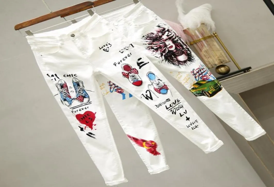 Women White Denim Jeans Cartoon shorts Graffiti Flowers Print Stretched Hallen Pencil Pants Autumn Skinny Jean designer jeans legg7447236