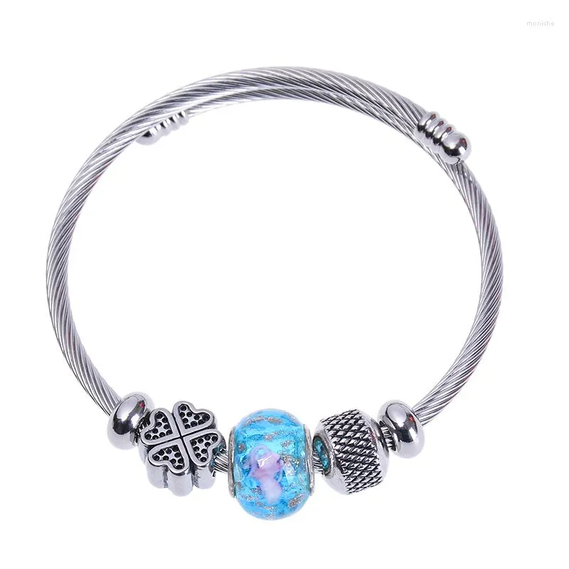 Bangle Fashion Jewelry Gifts High Quality Glass Beads Clover Retro Accessories Threaded Steel Wire Open Ring Stainless Bracelet