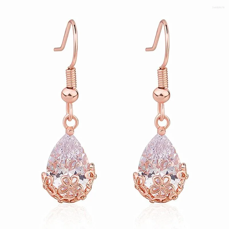 Kolczyki Dangle Rose Gold Ton Elegancki rzeźb z cyrkonem Diamenty szlachetne Kupki dla kobiet mody brincos biżuteria bijoux impreza